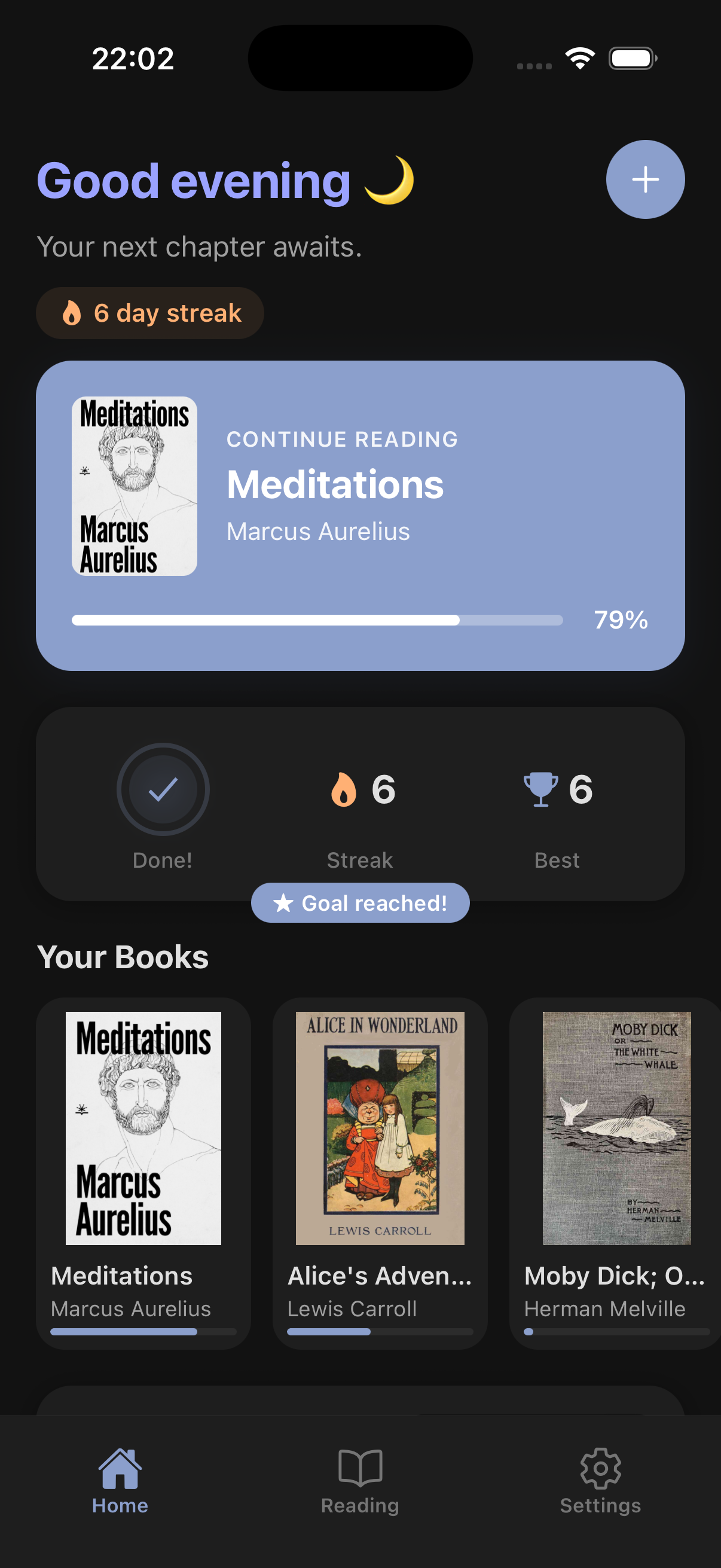 ClearRead home screen in dark mode with a greeting, a 6 day reading streak, a continue reading card and the book library