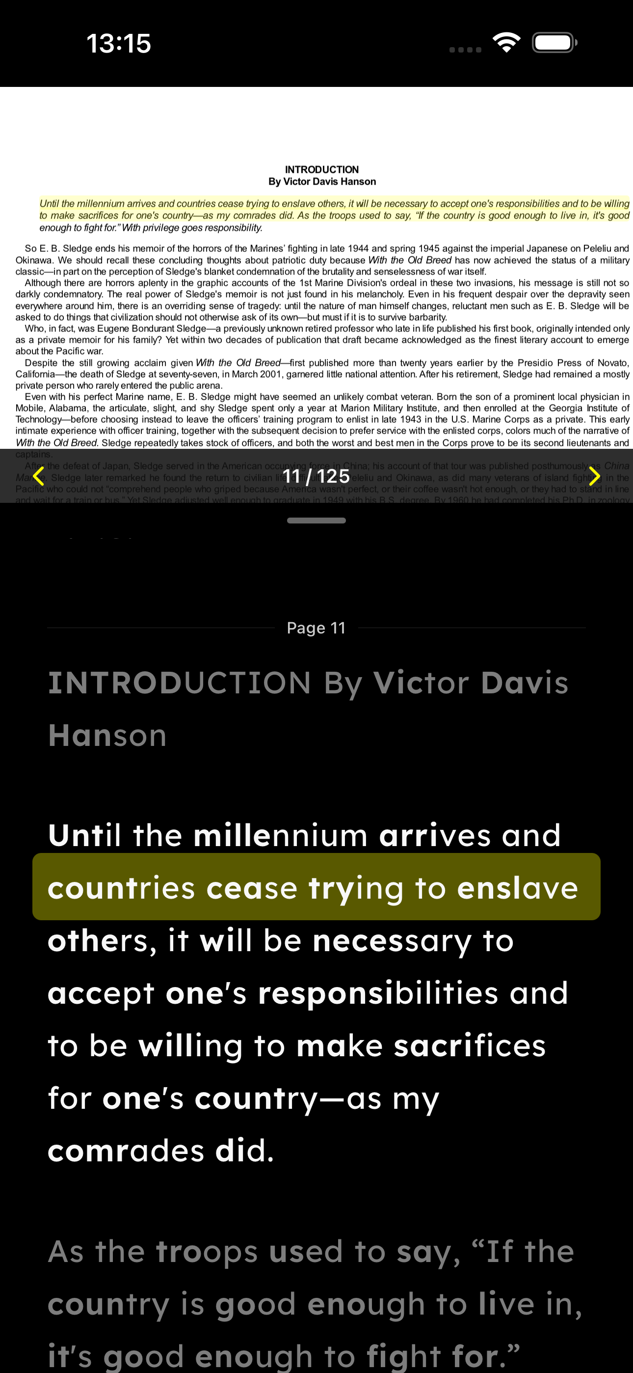 ClearRead PDF reading view in dark mode with the extracted text reflowed